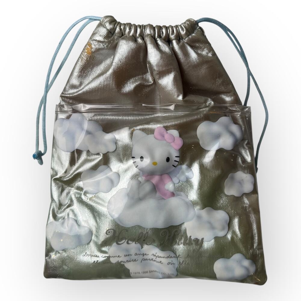 Rare Vintage 1998‎ Sanrio Hello Kitty Plush Metallic Silver Drawstring Tote Bag